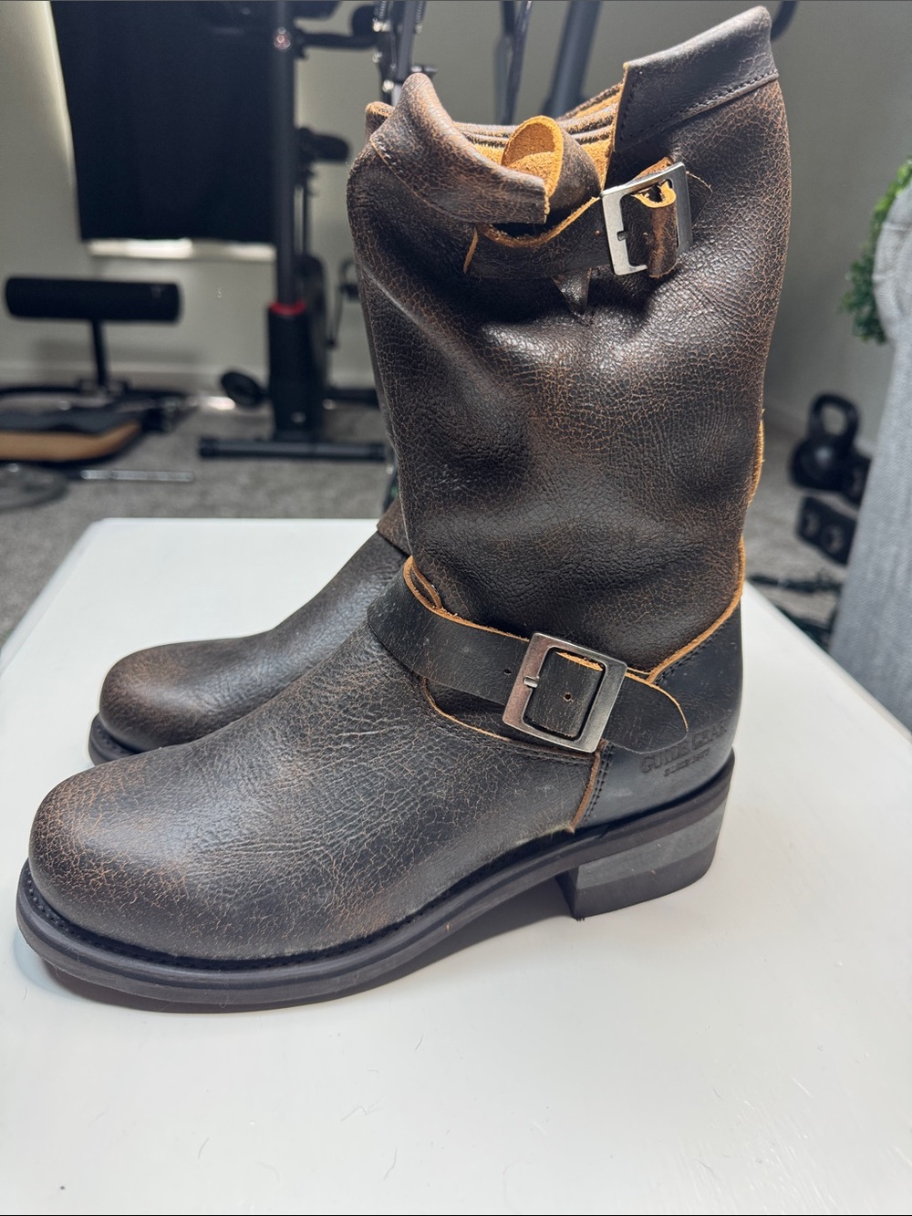 Women's Brown Leather Moto Boots with Buckle Strap